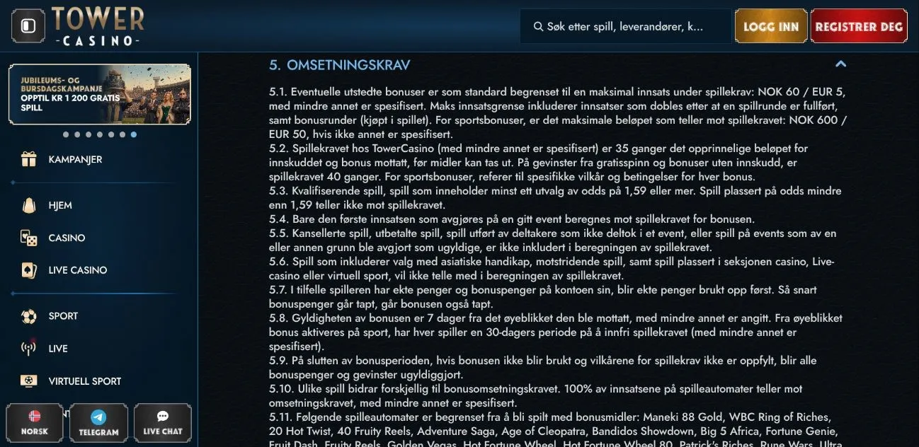 Bonusvilkårene viser grunnlag og innsatsbegrensninger.
