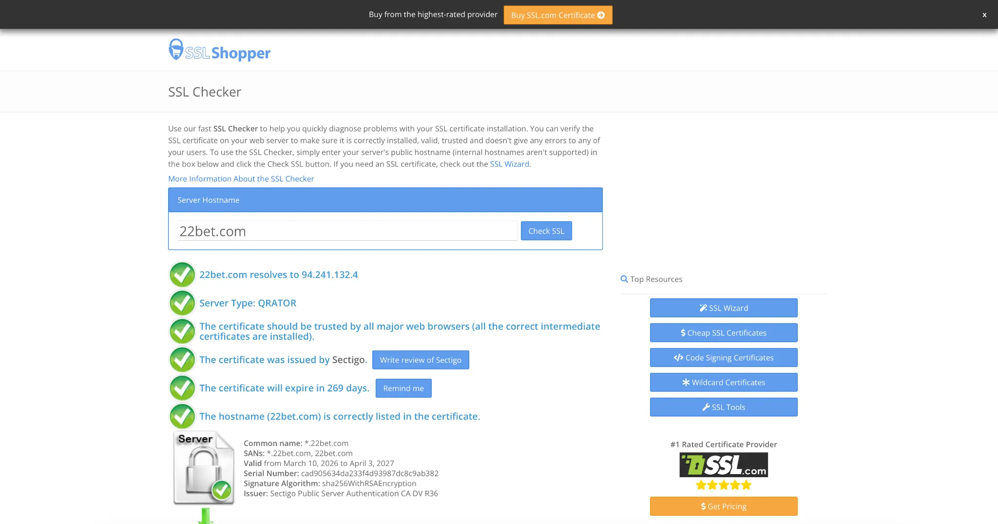 Preverjanje SSL certifikata spletne strani 22bet