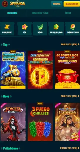 Spinanga Casino mobilna aplikacija