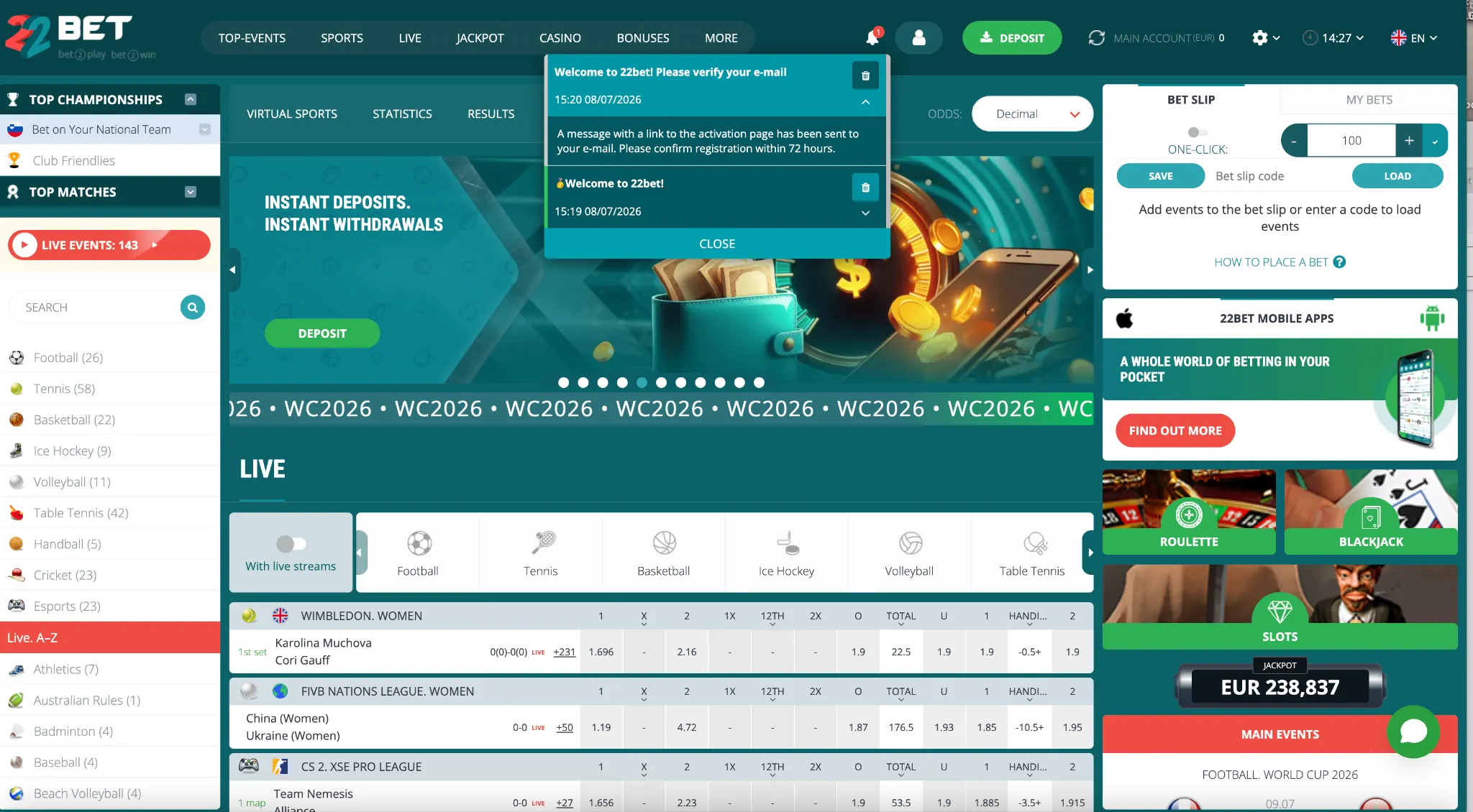 Varnostne nastavitve računa pri 22bet