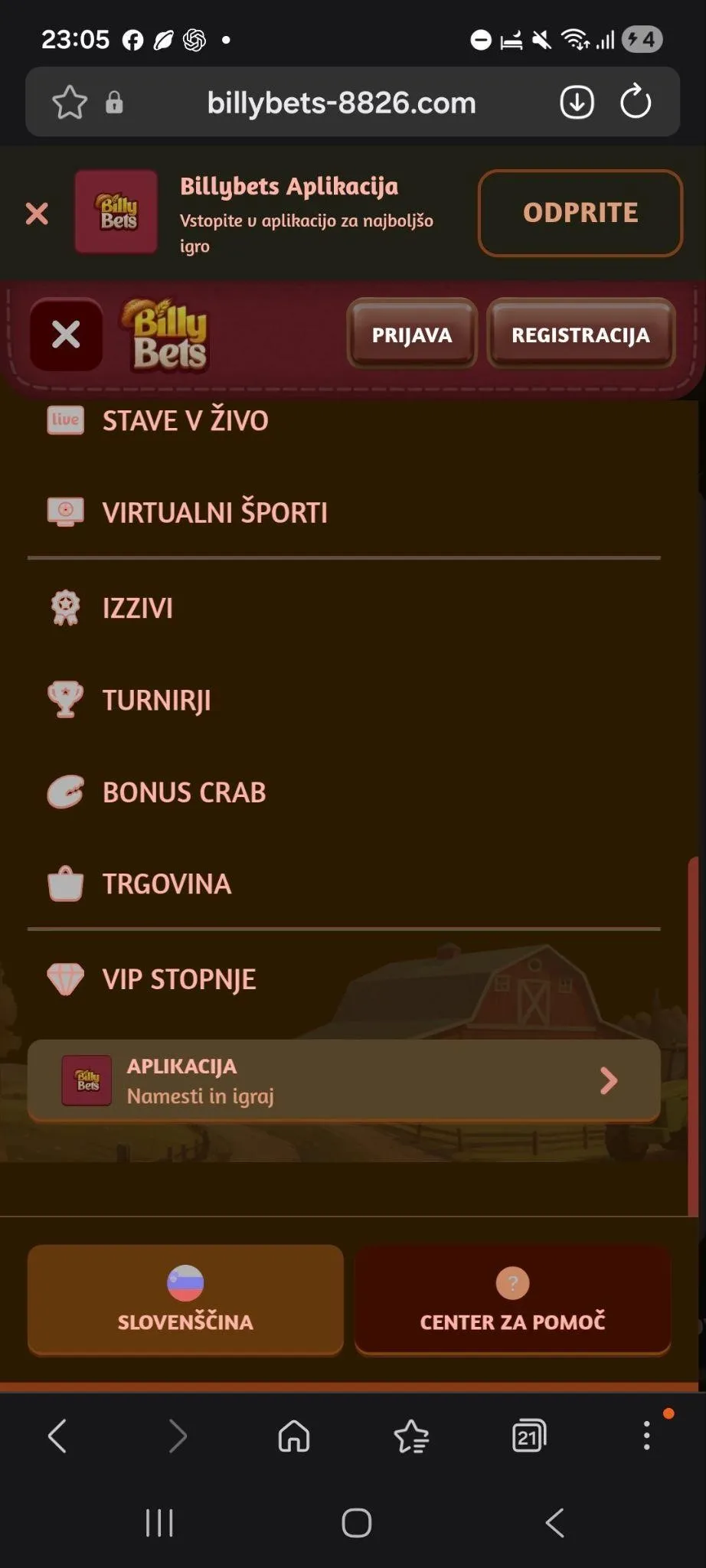 Možnost prenosa aplikacije BillyBets z uradne strani