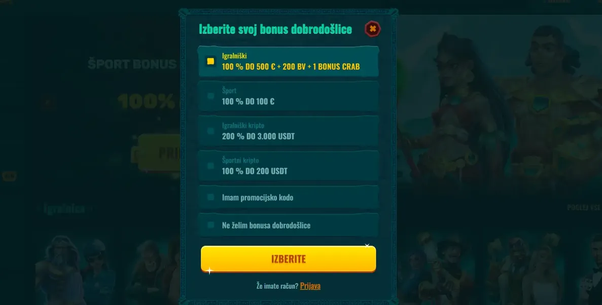 Izberite bonus dobrodo&scaron;lice