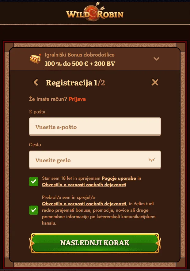 WildRobin registracija &ndash; osebni podatki