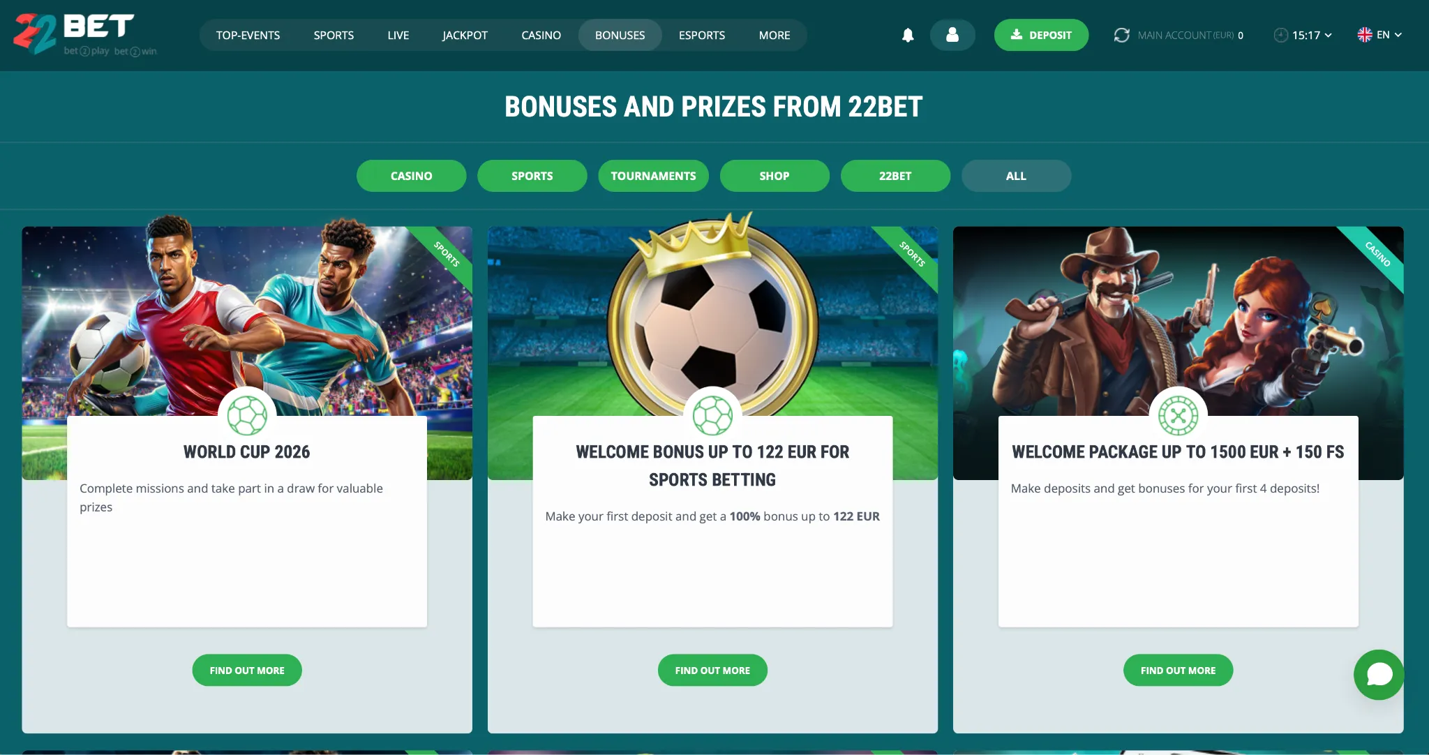 Bonusi in promocije pri 22bet casino