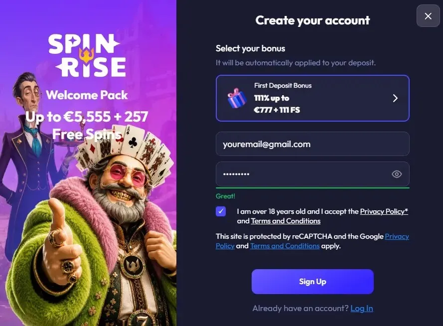 Obrazec za registracijo v SpinRise