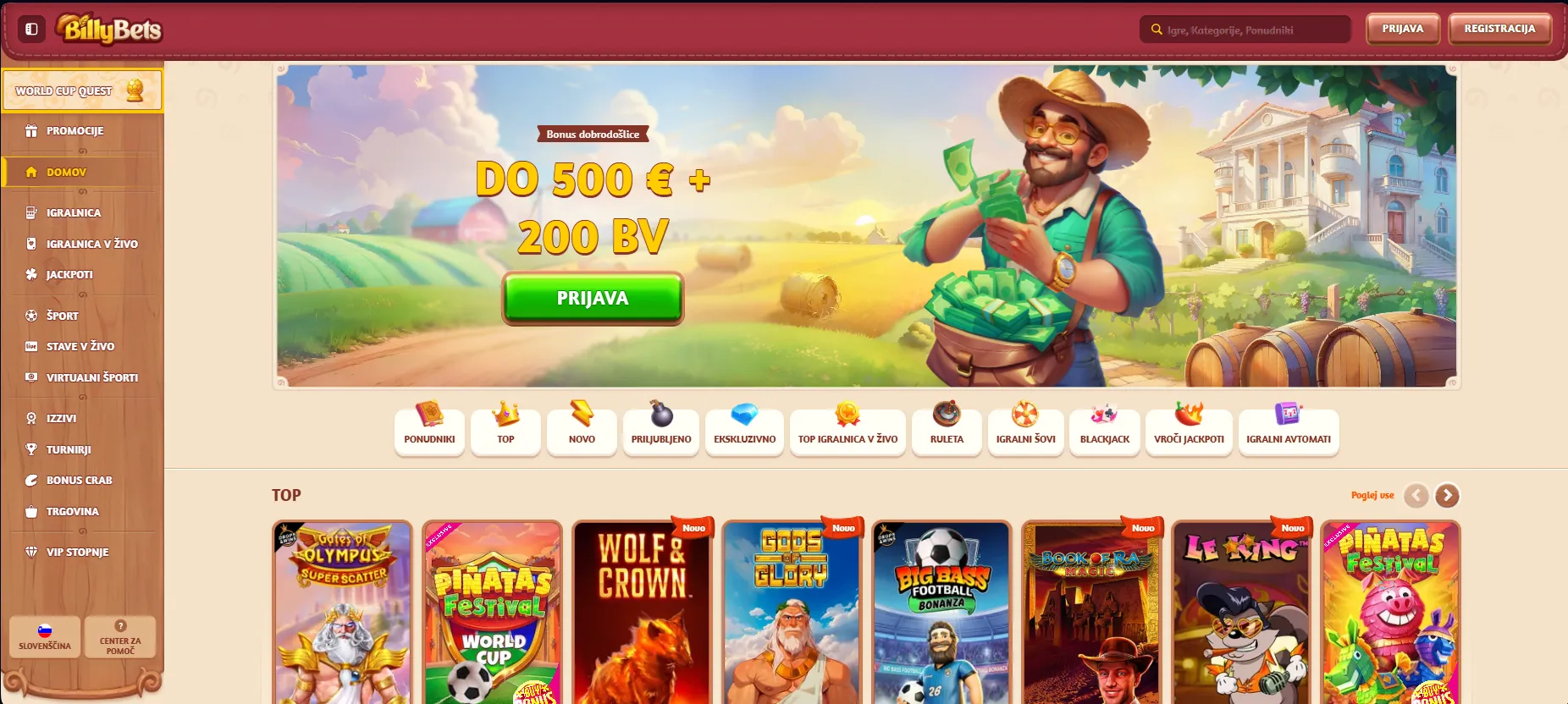 Vstopna stran platforme BillyBets