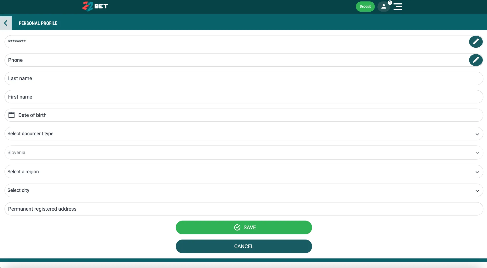 Osebni profil in podatki igralca pri 22bet