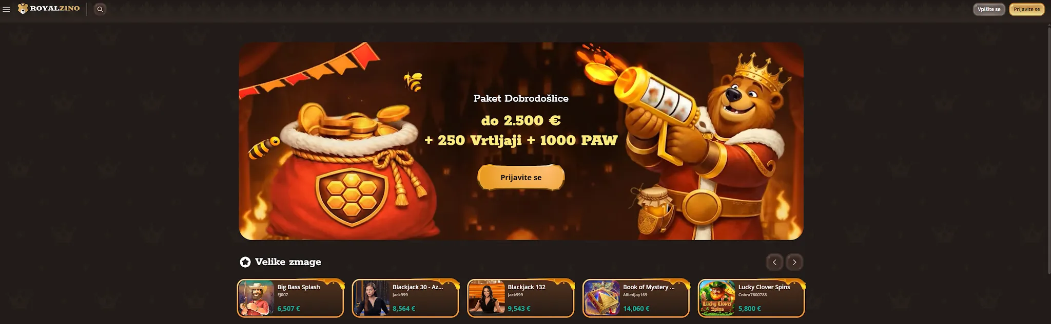 Royalzino paket dobrodo&scaron;lice do 2.500 &euro;