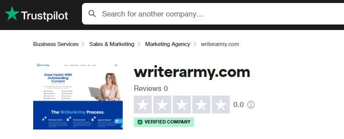 Writerarmy.com doesn't have reviews on TrustPilot.