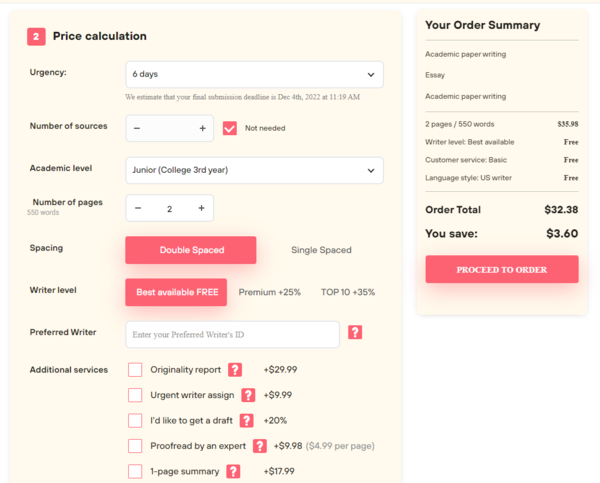 Order form on Writinguniverse.com