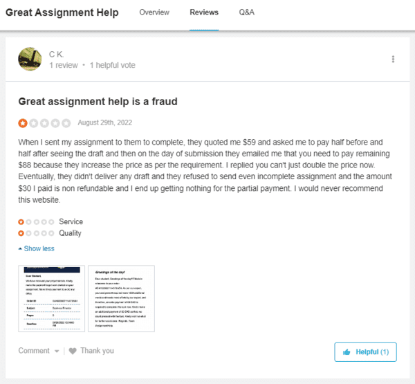 Greatassignmenthelp.com have negative reviews on SiteJabber.