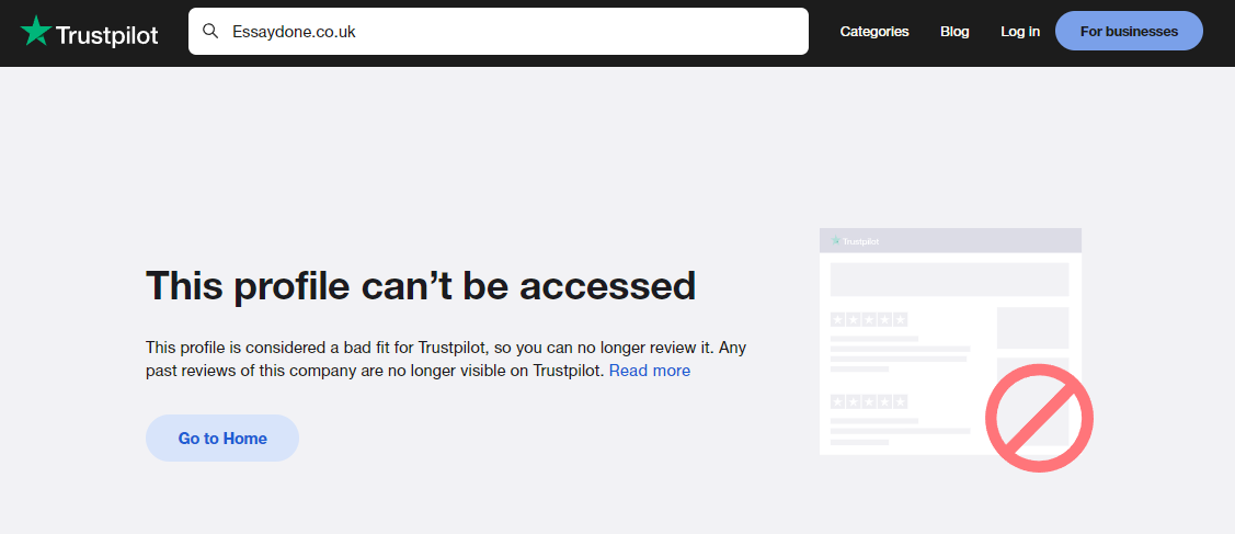 Trustpilot account of Essaydone.co.uk has been suspended.