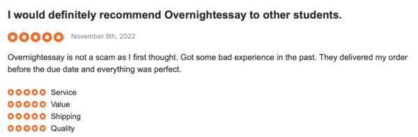 Overnightessay.com have positive reviews on SiteJabber.