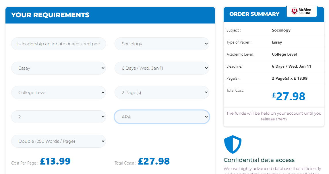 Assignmenttutor.co.uk order form.