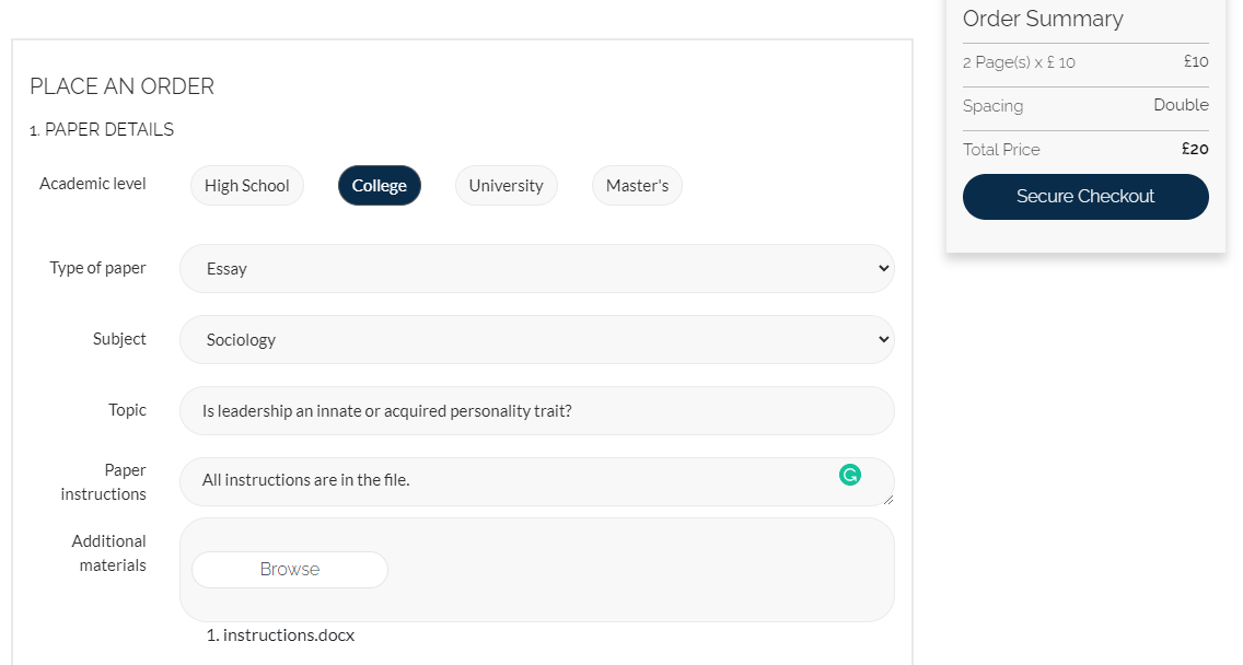 Essaydone.co.uk order form.