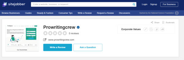 Prowritingcrew.com doesn't have reviews on SiteJabber.
