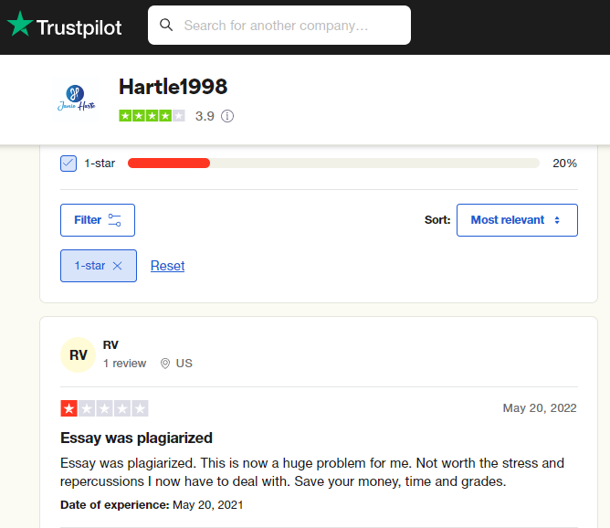 Hartle1998.com have negative reviews on TrustPilot