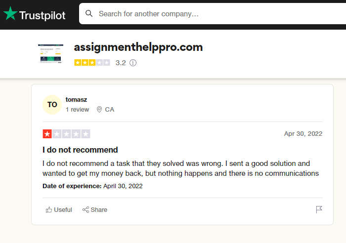 Assignmenthelppro.com reviews on TrustPilot.