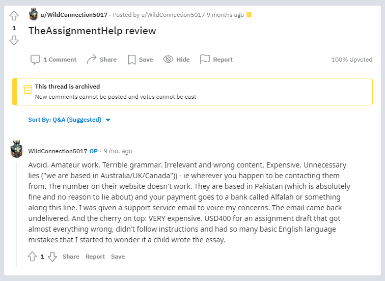 Theassignmenthelp.co.nz review on Reddit.