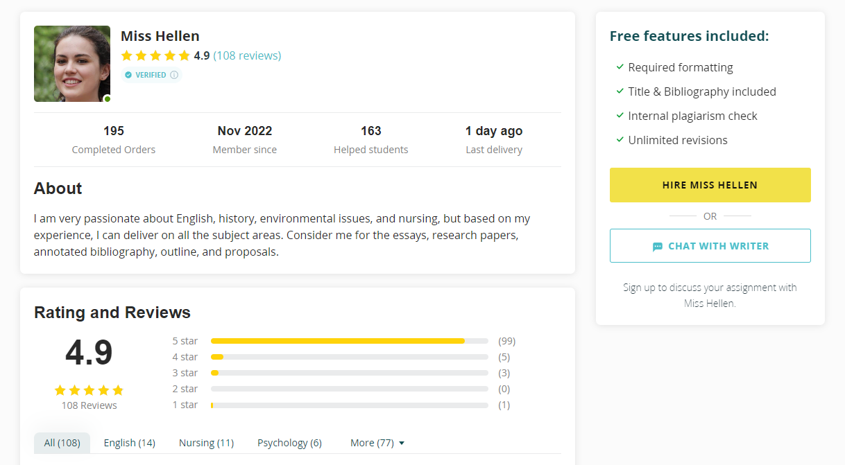 Detailed writer profile on Studyclerk.com
