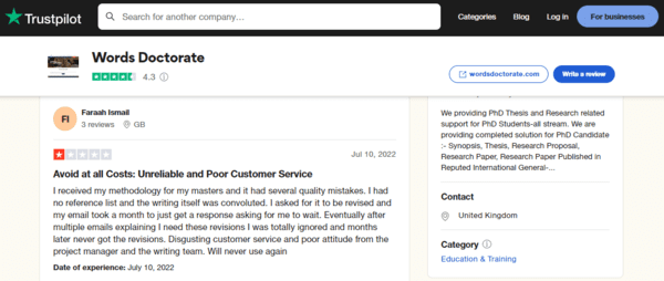 Wordsdoctorate.com have negative reviews on Trustpilot.