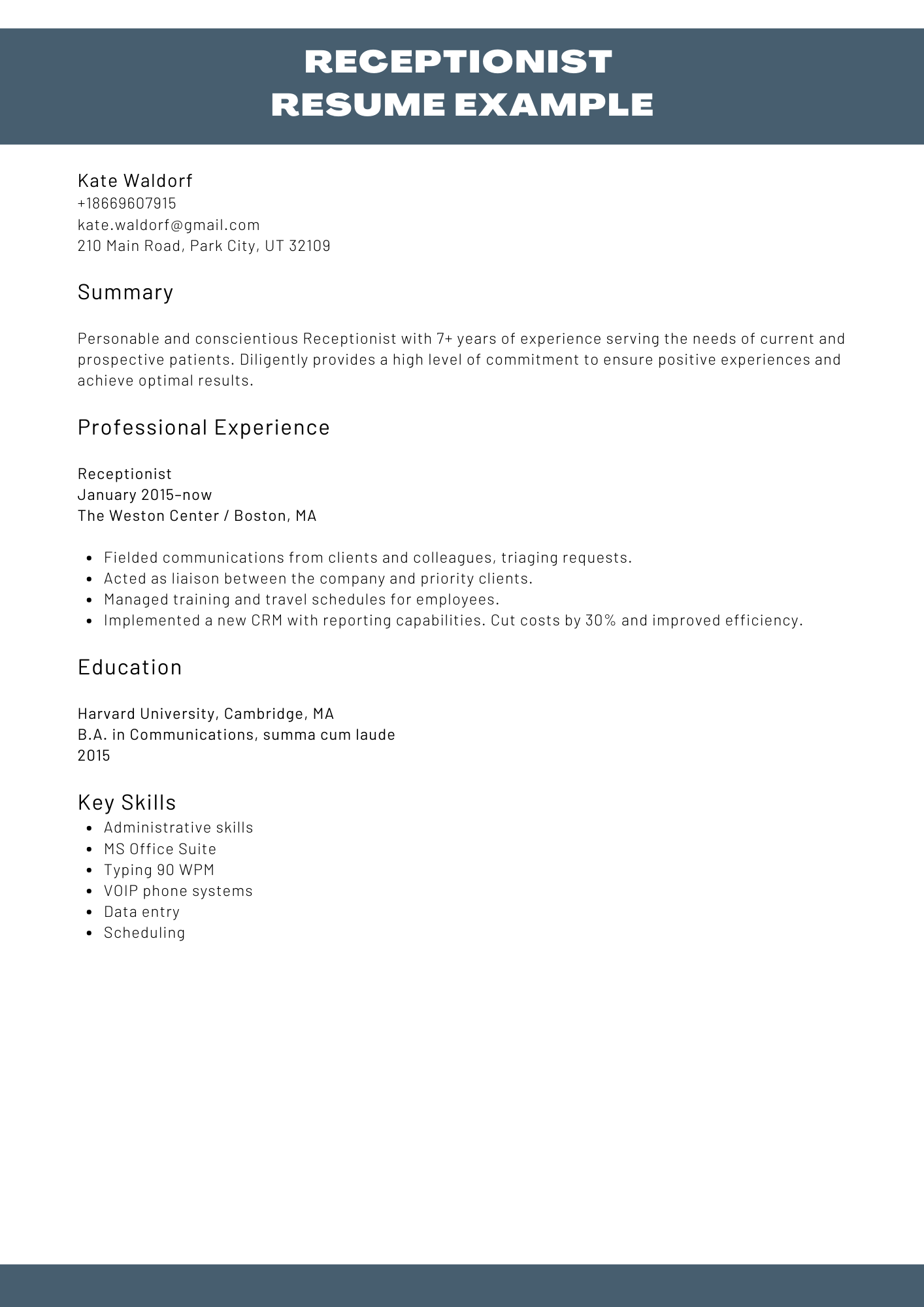 Receptionist Resume Sample