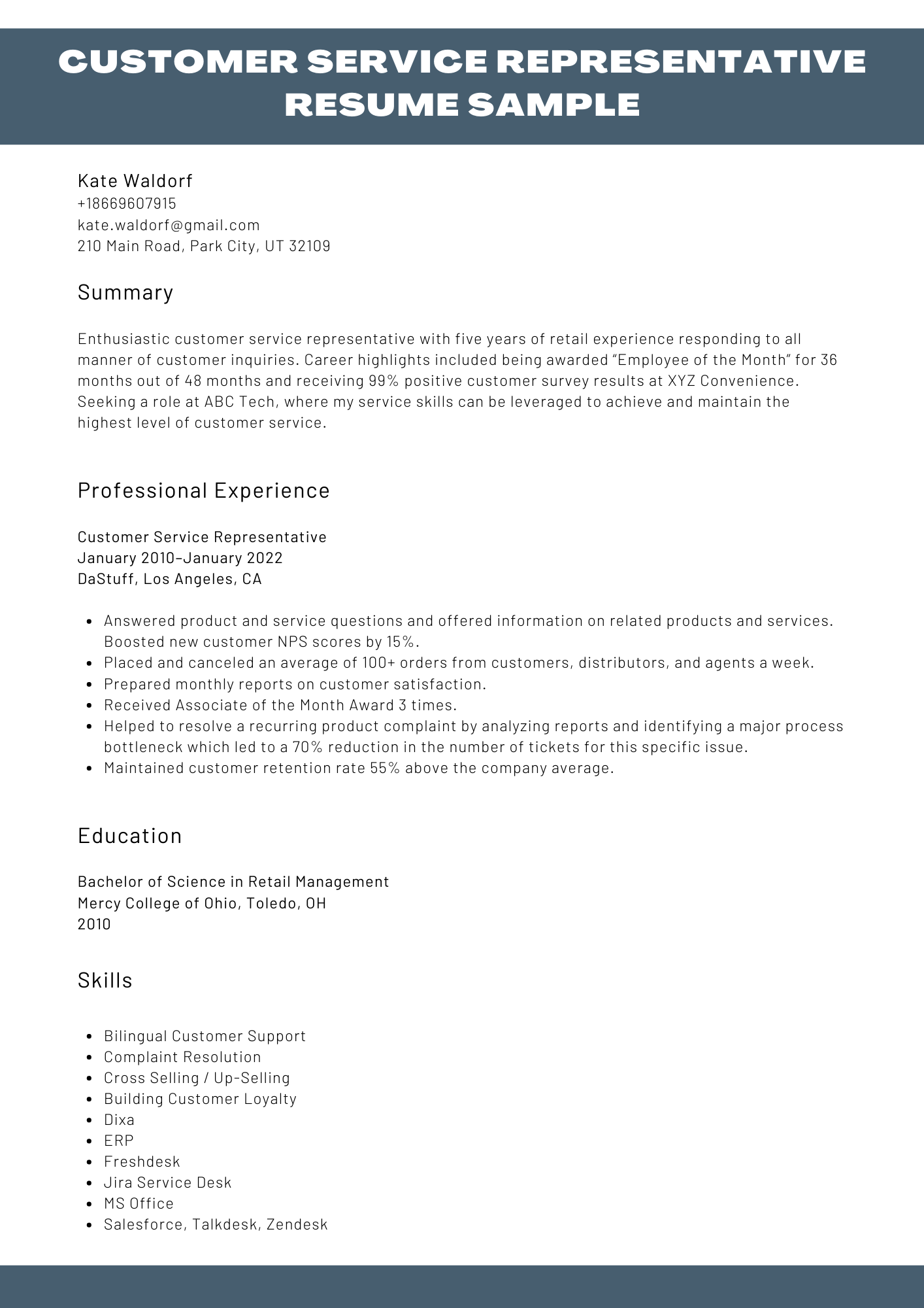 Customer Service Resume Sample