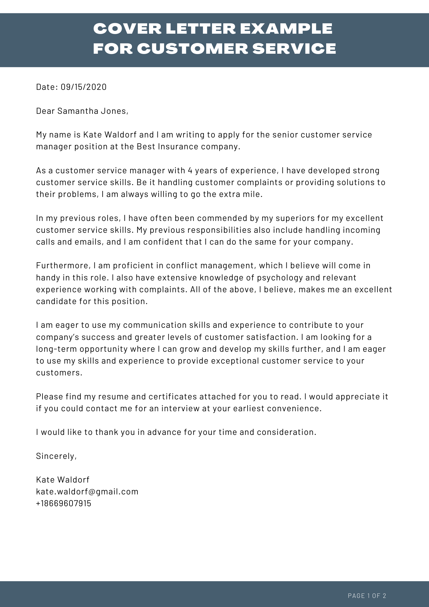 customer service cover letter sample